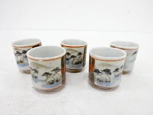 九谷焼　金彩色絵　雪中のぞき5客揃